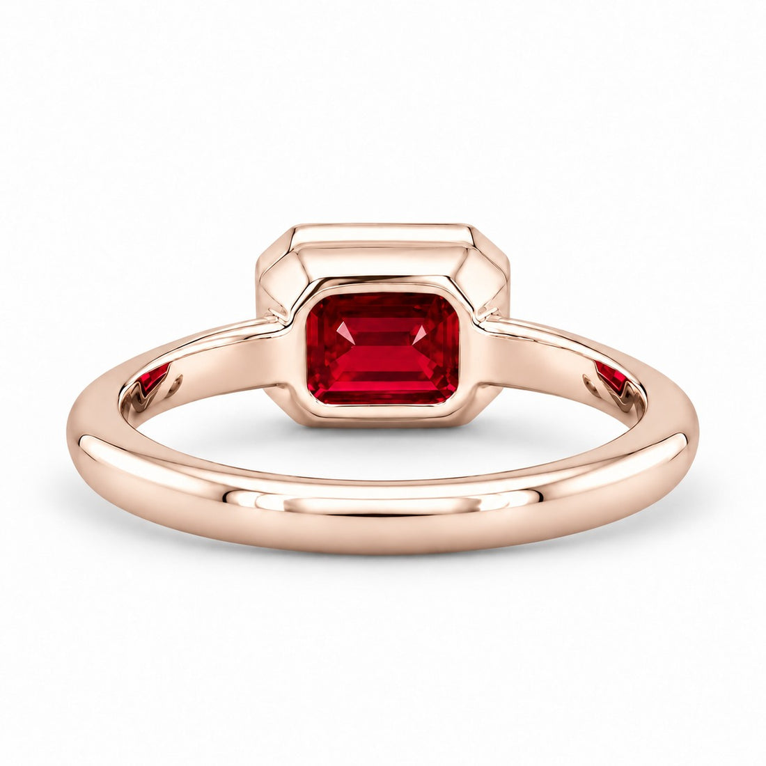 The Axis — East–West Bezel-Set Ruby Ring in 14K rose gold, back and setting
