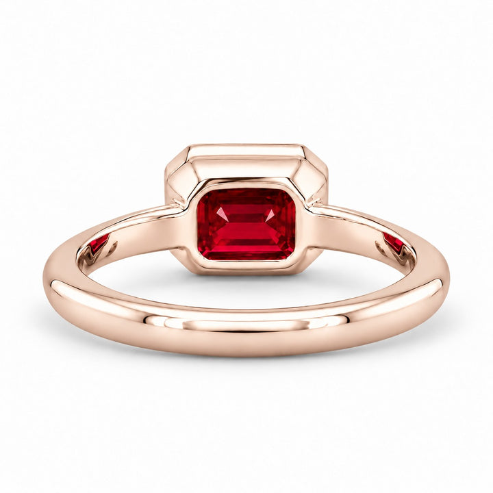 The Axis — East–West Bezel-Set Ruby Ring in 14K rose gold, back and setting