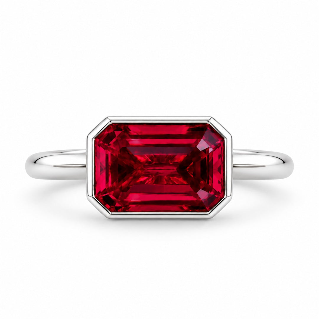 The Axis — East–West Bezel-Set Ruby Ring in 14K white gold, front view