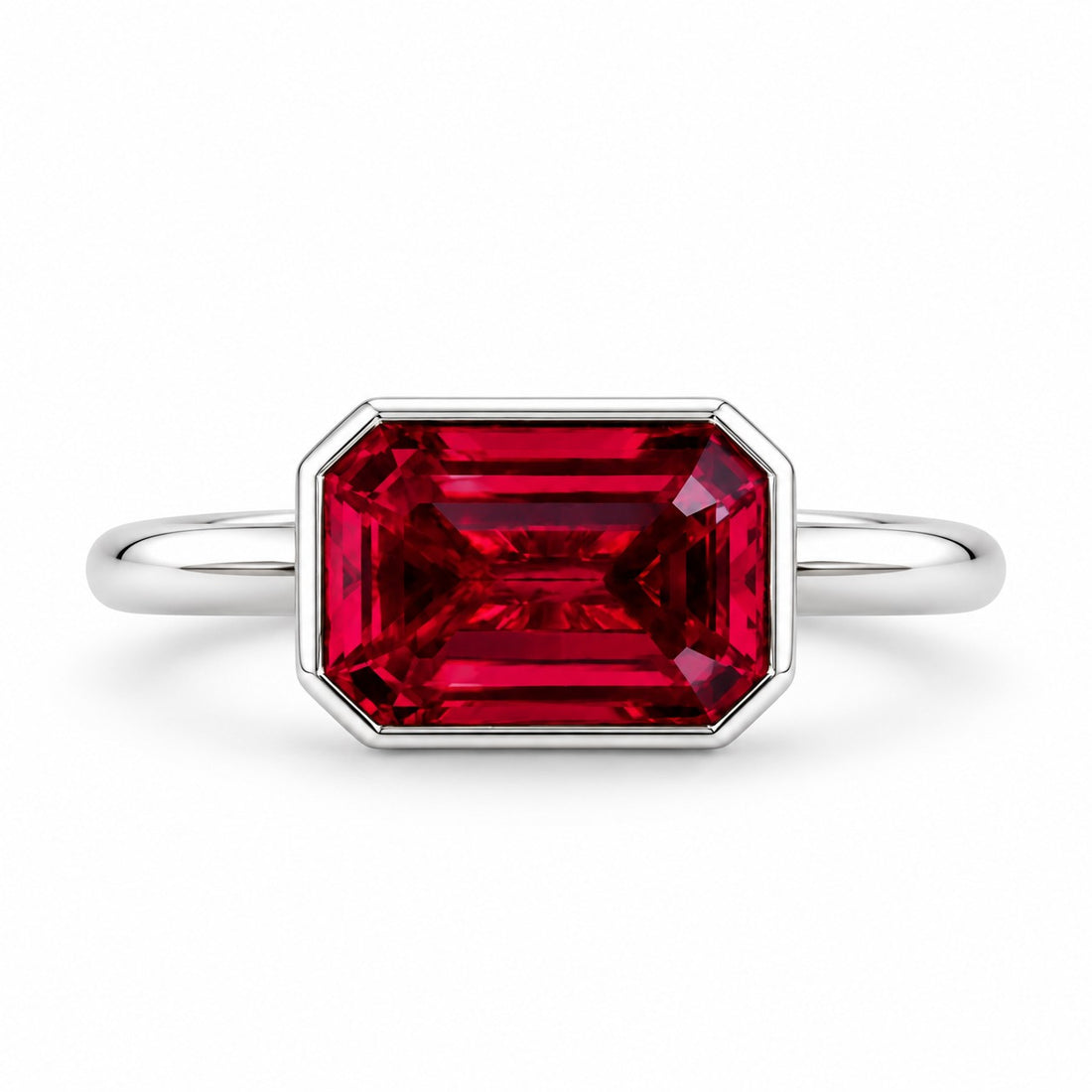 The Axis — East–West Bezel-Set Ruby Ring in 14K white gold, front view