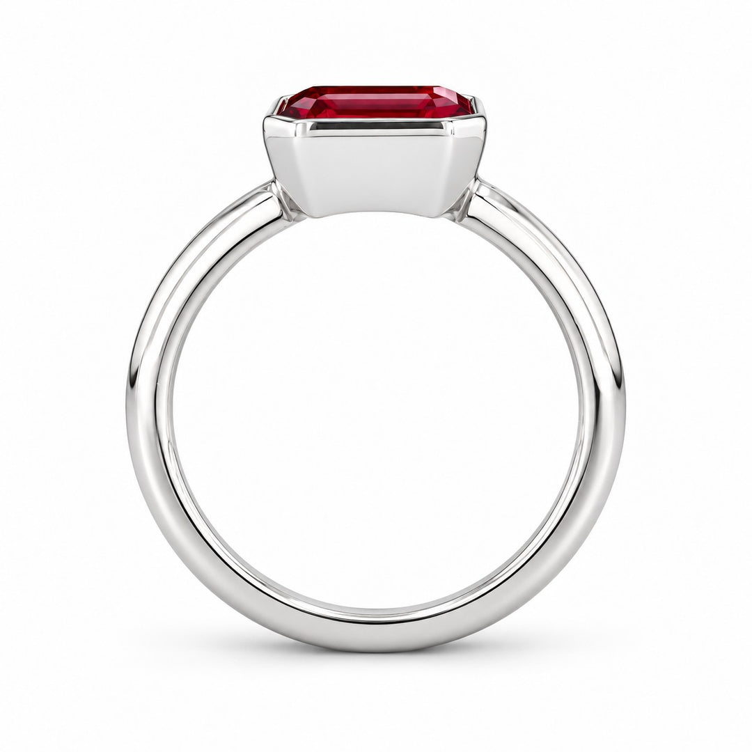 The Axis — East–West Bezel-Set Ruby Ring in 14K white gold, profile