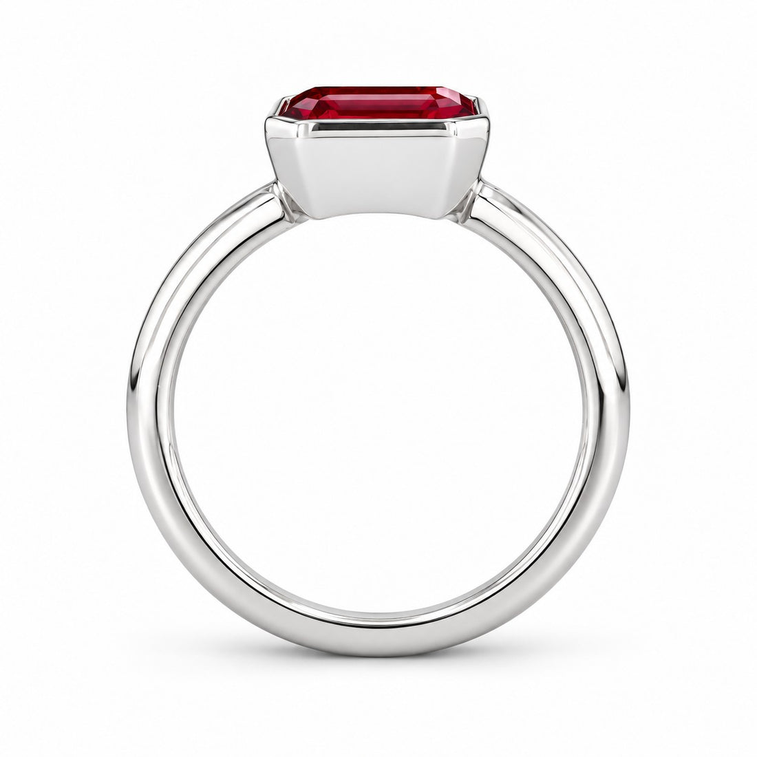 The Axis — East–West Bezel-Set Ruby Ring in 14K white gold, profile