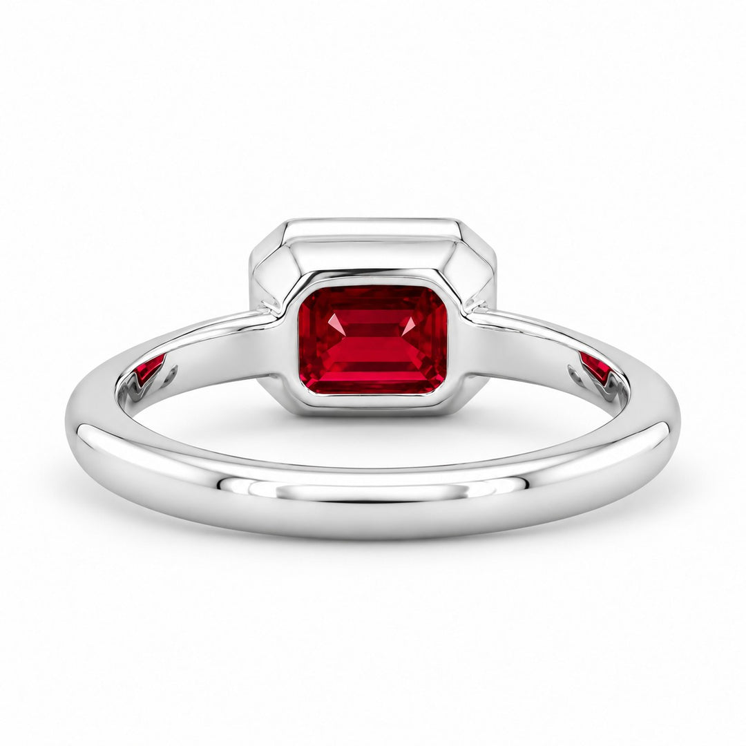 The Axis — East–West Bezel-Set Ruby Ring in 14K white gold, back and setting