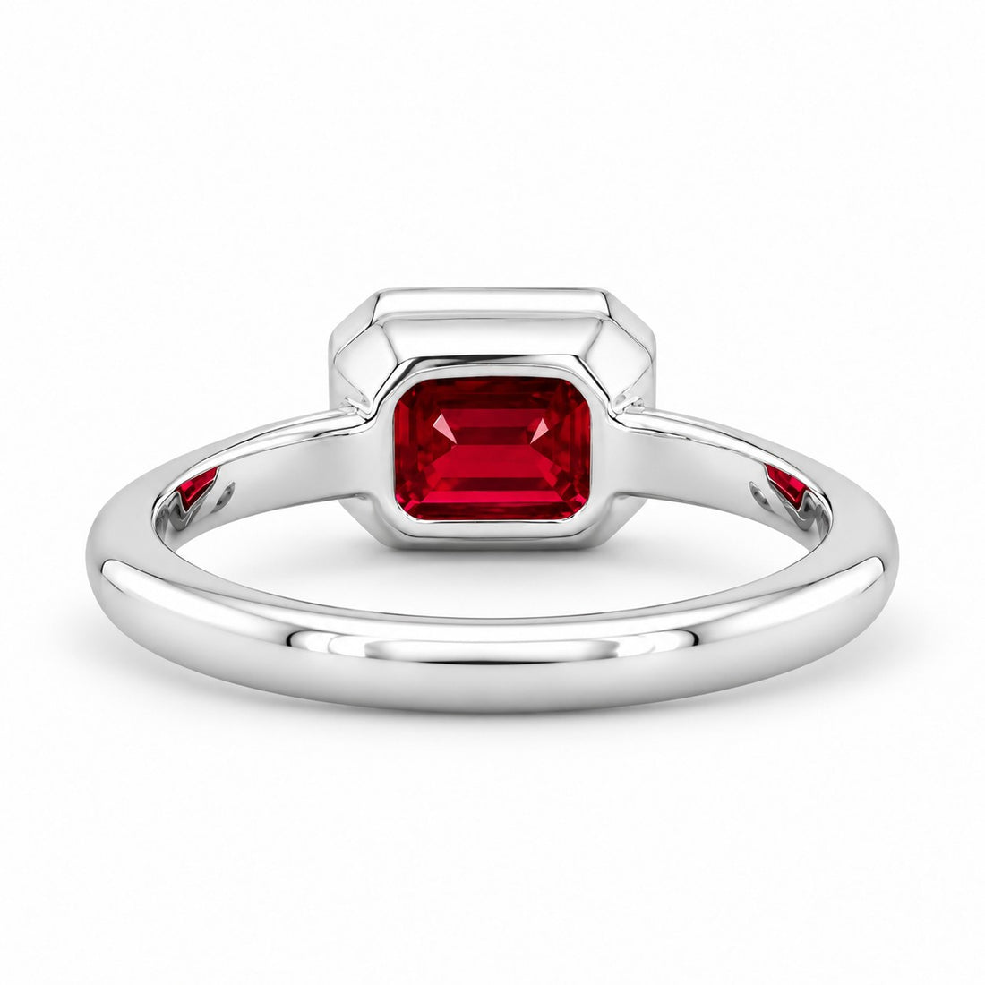 The Axis — East–West Bezel-Set Ruby Ring in 14K white gold, back and setting
