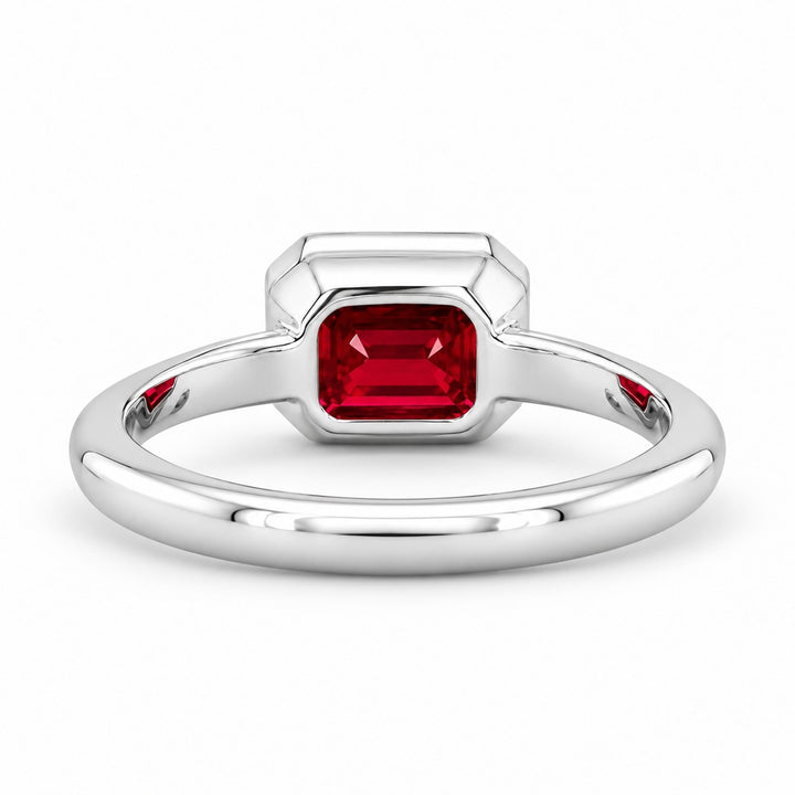 The Axis — East–West Bezel-Set Ruby Ring in 14K white gold, back and setting