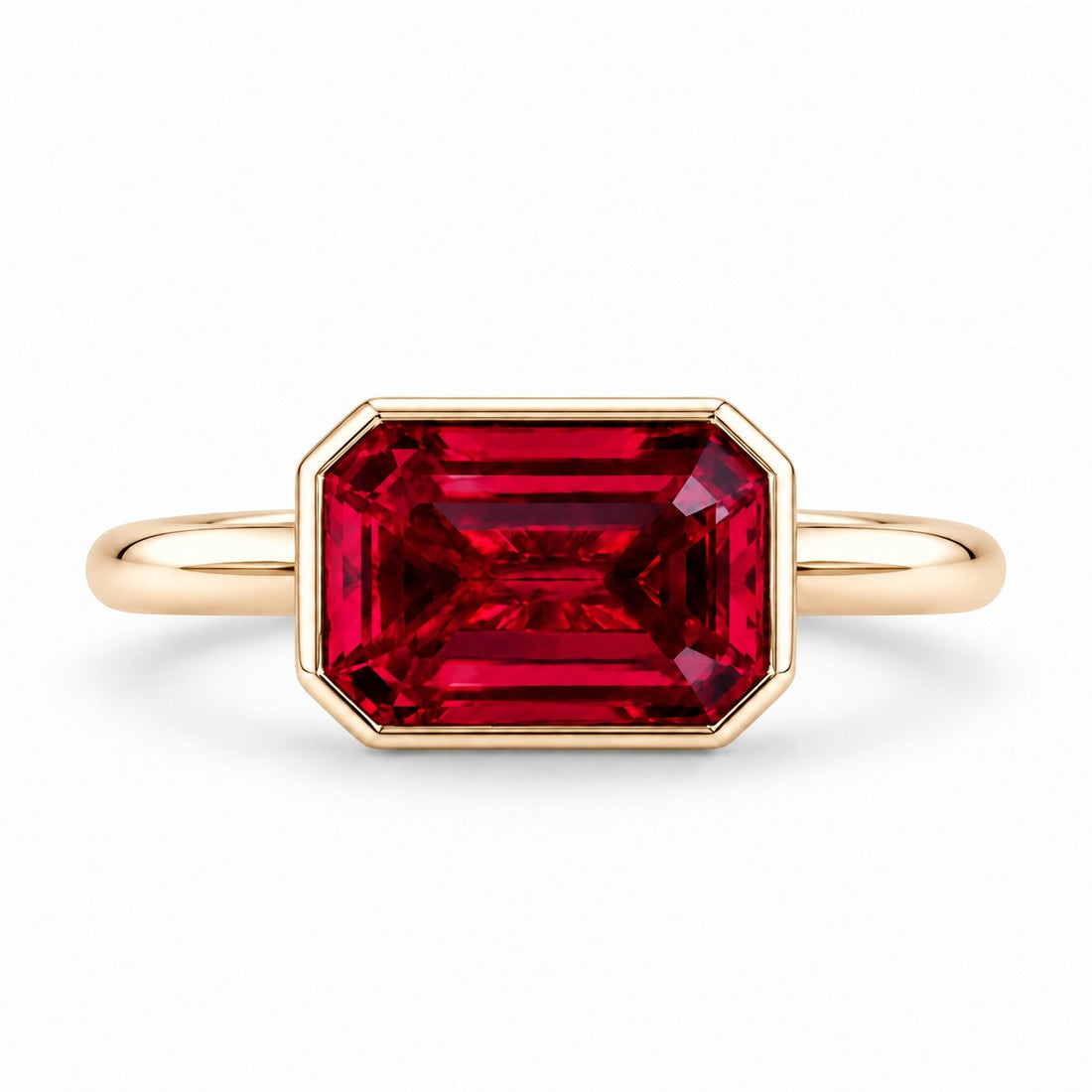 The Axis — East–West Bezel-Set Ruby Ring in 14K yellow gold, front view