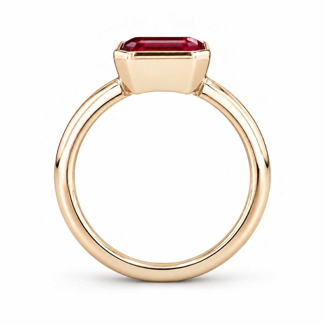 The Axis — East–West Bezel-Set Ruby Ring in 14K yellow gold, profile