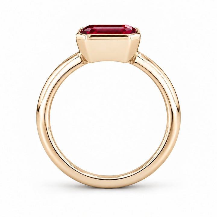 The Axis — East–West Bezel-Set Ruby Ring in 14K yellow gold, profile