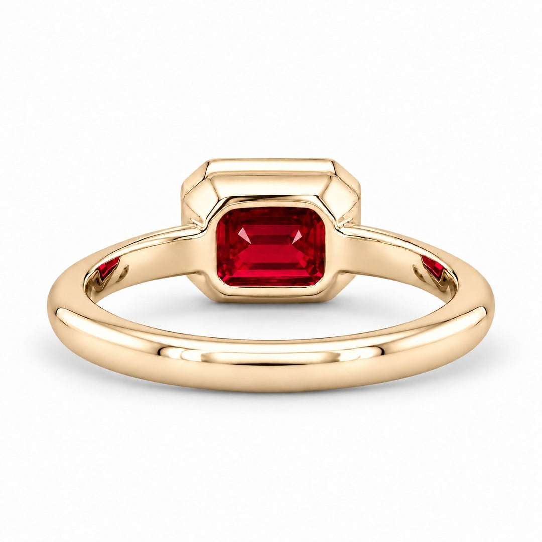 The Axis — East–West Bezel-Set Ruby Ring in 14K yellow gold, back and setting