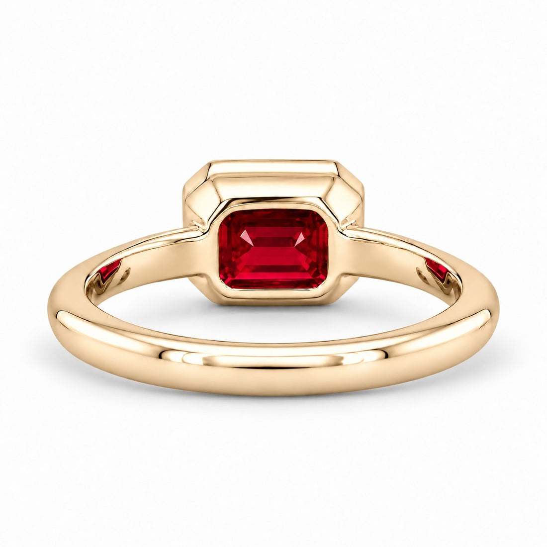 The Axis — East–West Bezel-Set Ruby Ring in 14K yellow gold, back and setting