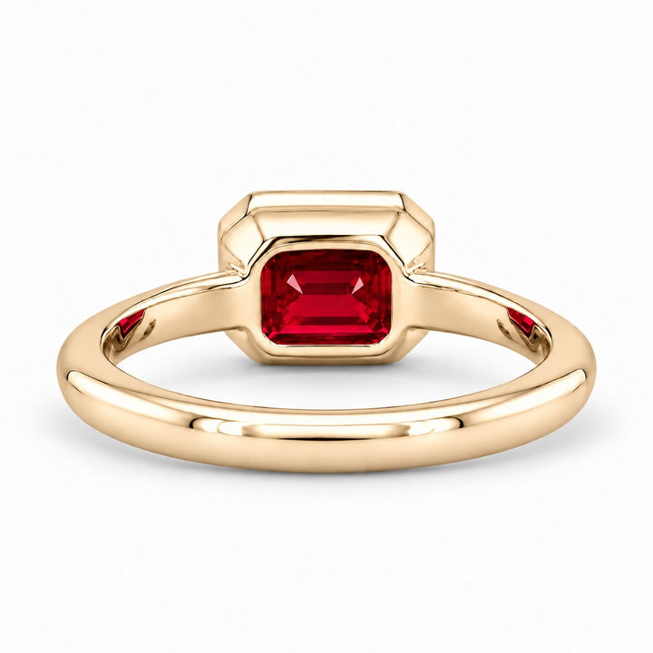 The Axis — East–West Bezel-Set Ruby Ring in 14K yellow gold, back and setting
