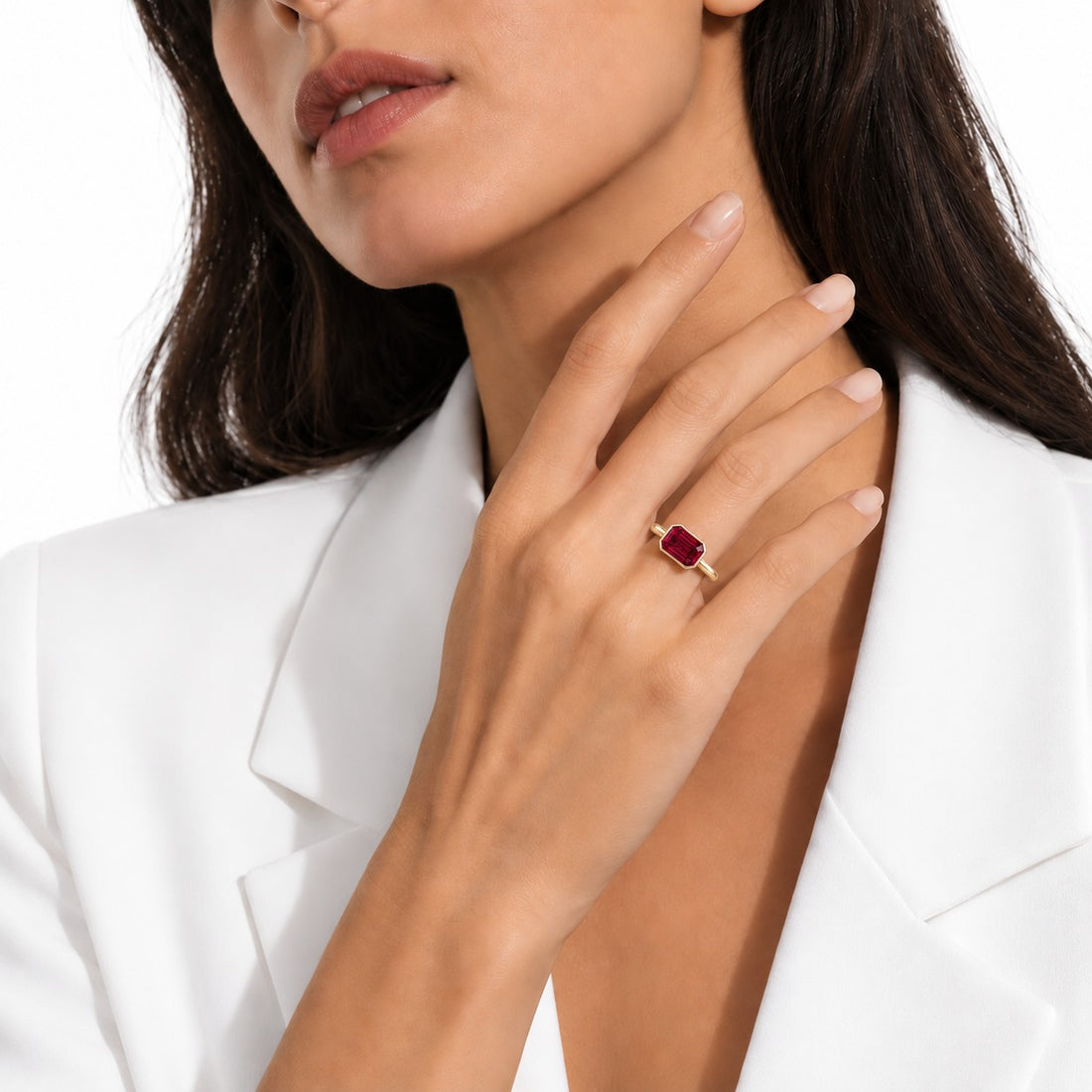 The Axis — East–West Bezel-Set Ruby Ring in 14K yellow gold, on the hand