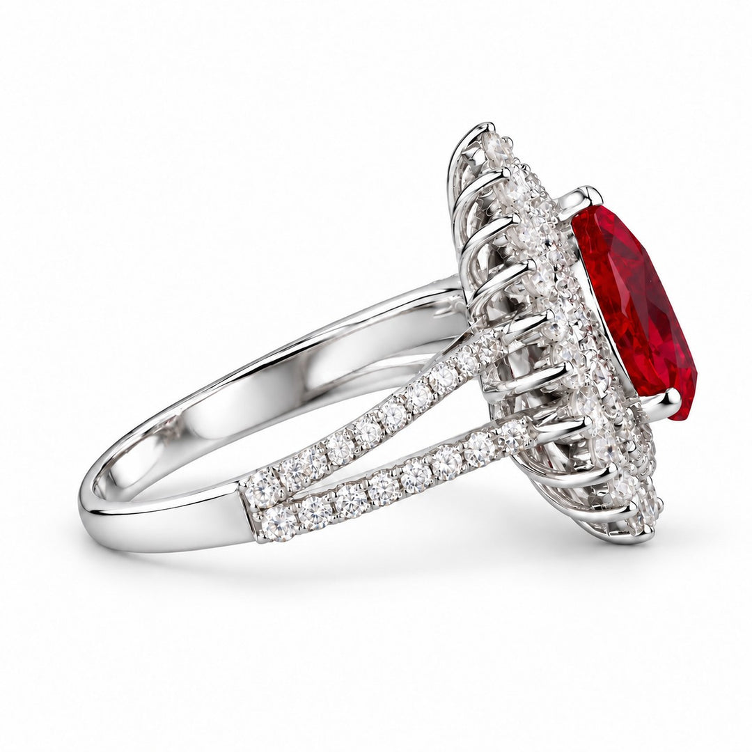 The Empress — Victorian Ruby Cluster Ring in platinum, side view