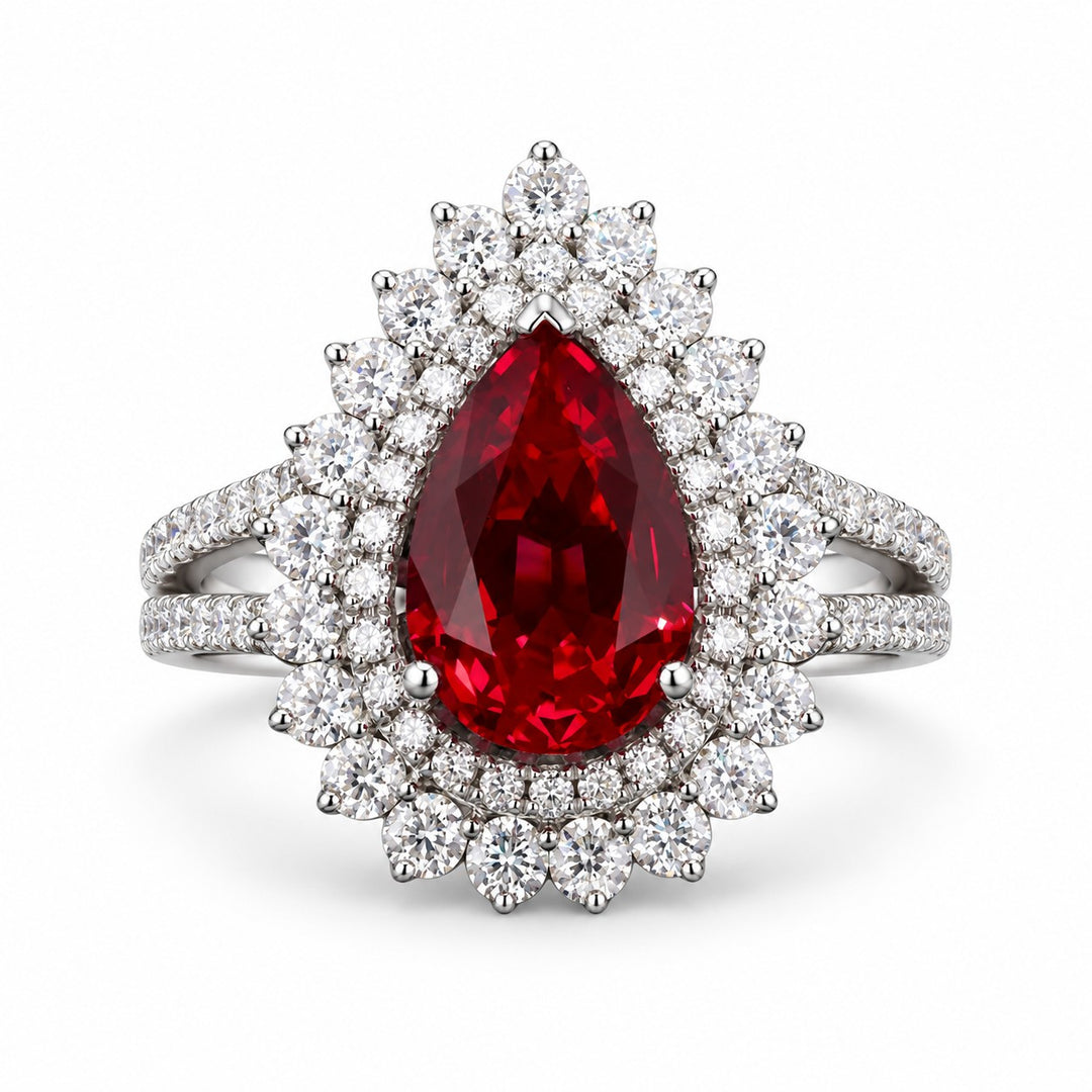 The Empress — Victorian Ruby Cluster Ring in 14K white gold, front view