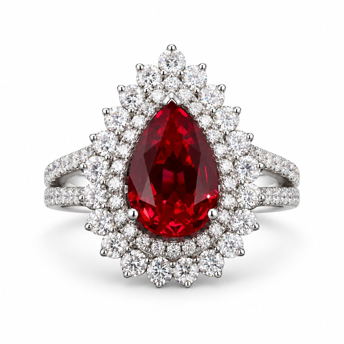 The Empress — Victorian Ruby Cluster Ring in 14K white gold, front view