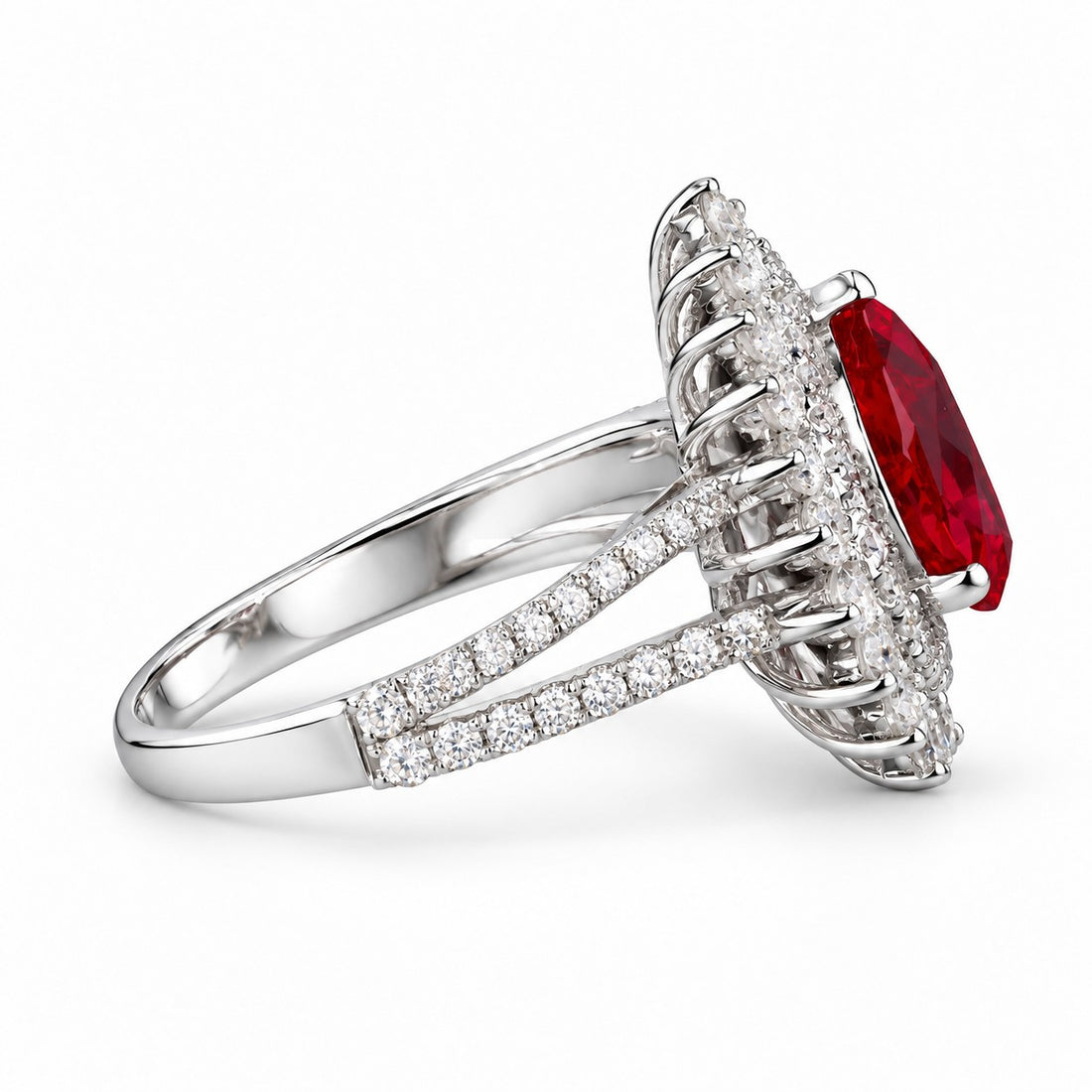 The Empress — Victorian Ruby Cluster Ring in 14K white gold, side view