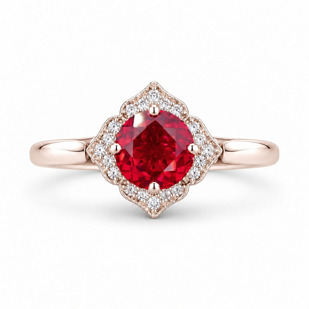 The Valencia — Vintage Diamond Halo Ruby Ring in 14K rose gold, front view