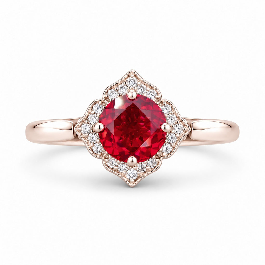 The Valencia — Vintage Diamond Halo Ruby Ring in 14K rose gold, front view