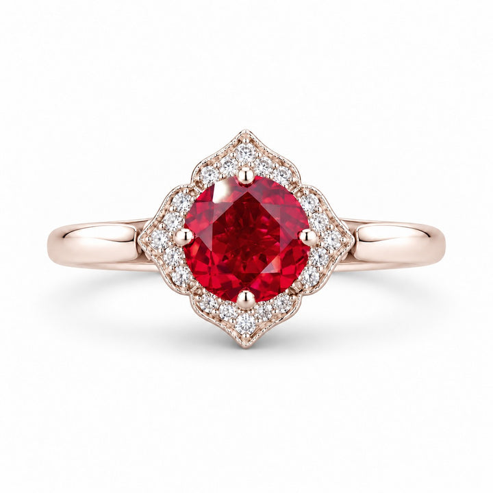 The Valencia — Vintage Diamond Halo Ruby Ring in 14K rose gold, front view