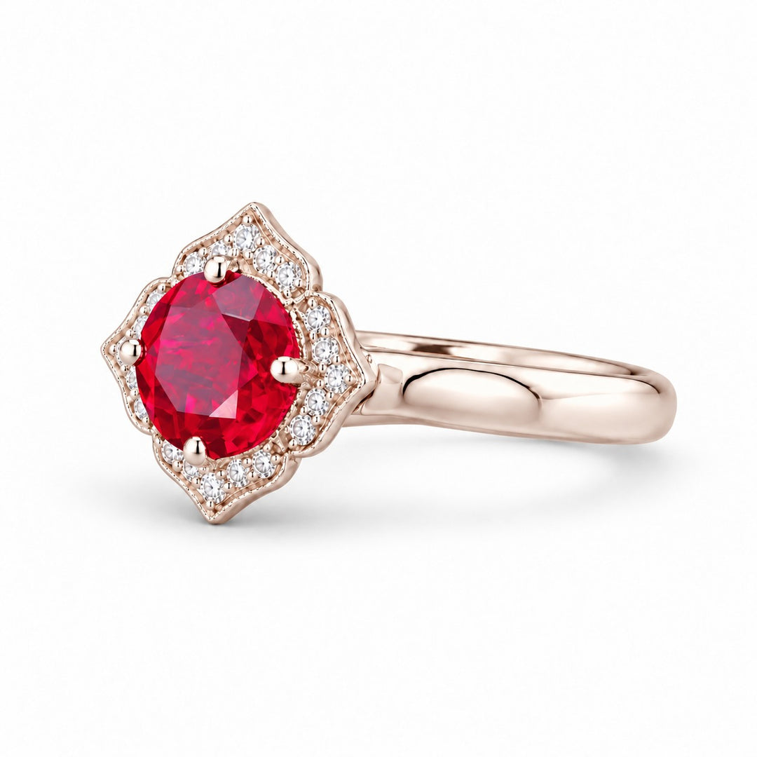 The Valencia — Vintage Diamond Halo Ruby Ring in 14K rose gold, three-quarter view
