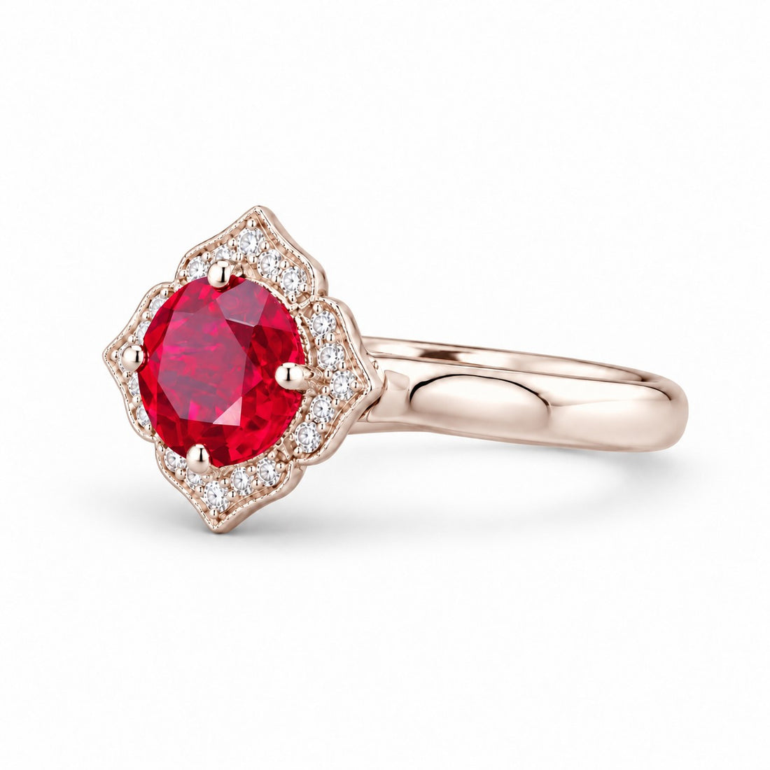 The Valencia — Vintage Diamond Halo Ruby Ring in 14K rose gold, three-quarter view