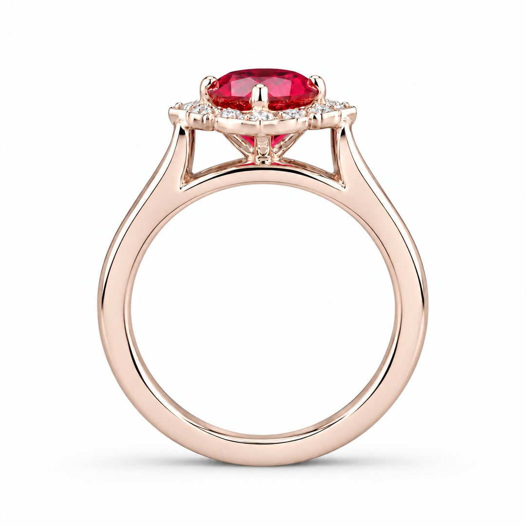 The Valencia — Vintage Diamond Halo Ruby Ring in 14K rose gold, profile
