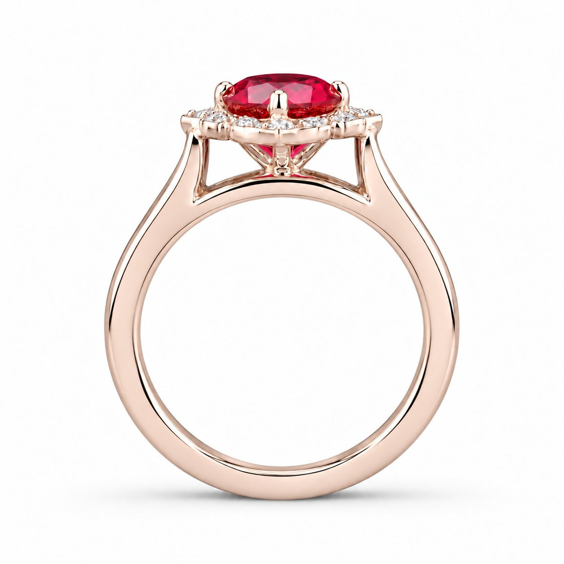 The Valencia — Vintage Diamond Halo Ruby Ring in 14K rose gold, profile