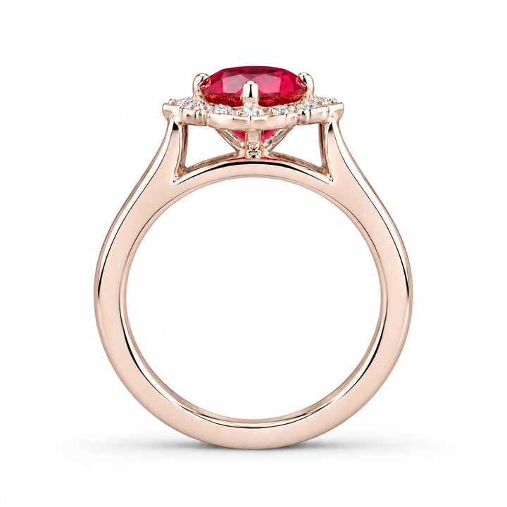 The Valencia — Vintage Diamond Halo Ruby Ring in 14K rose gold, profile