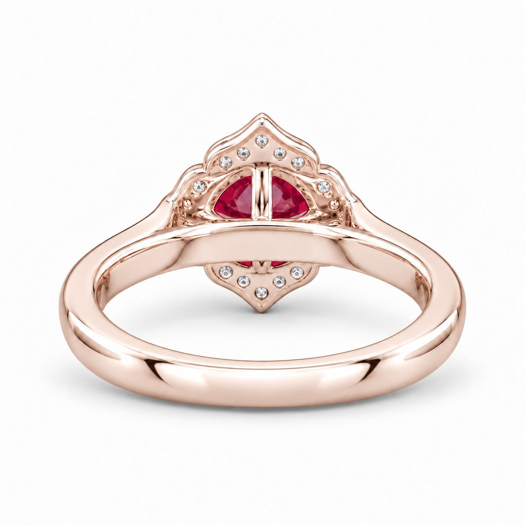 The Valencia — Vintage Diamond Halo Ruby Ring in 14K rose gold, back and setting