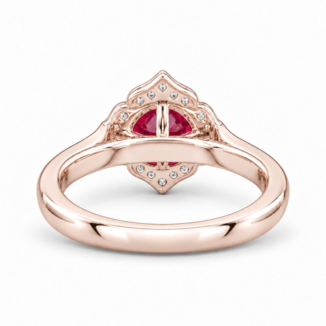 The Valencia — Vintage Diamond Halo Ruby Ring in 14K rose gold, back and setting