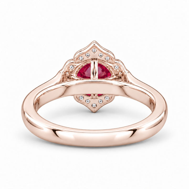 The Valencia — Vintage Diamond Halo Ruby Ring in 14K rose gold, back and setting