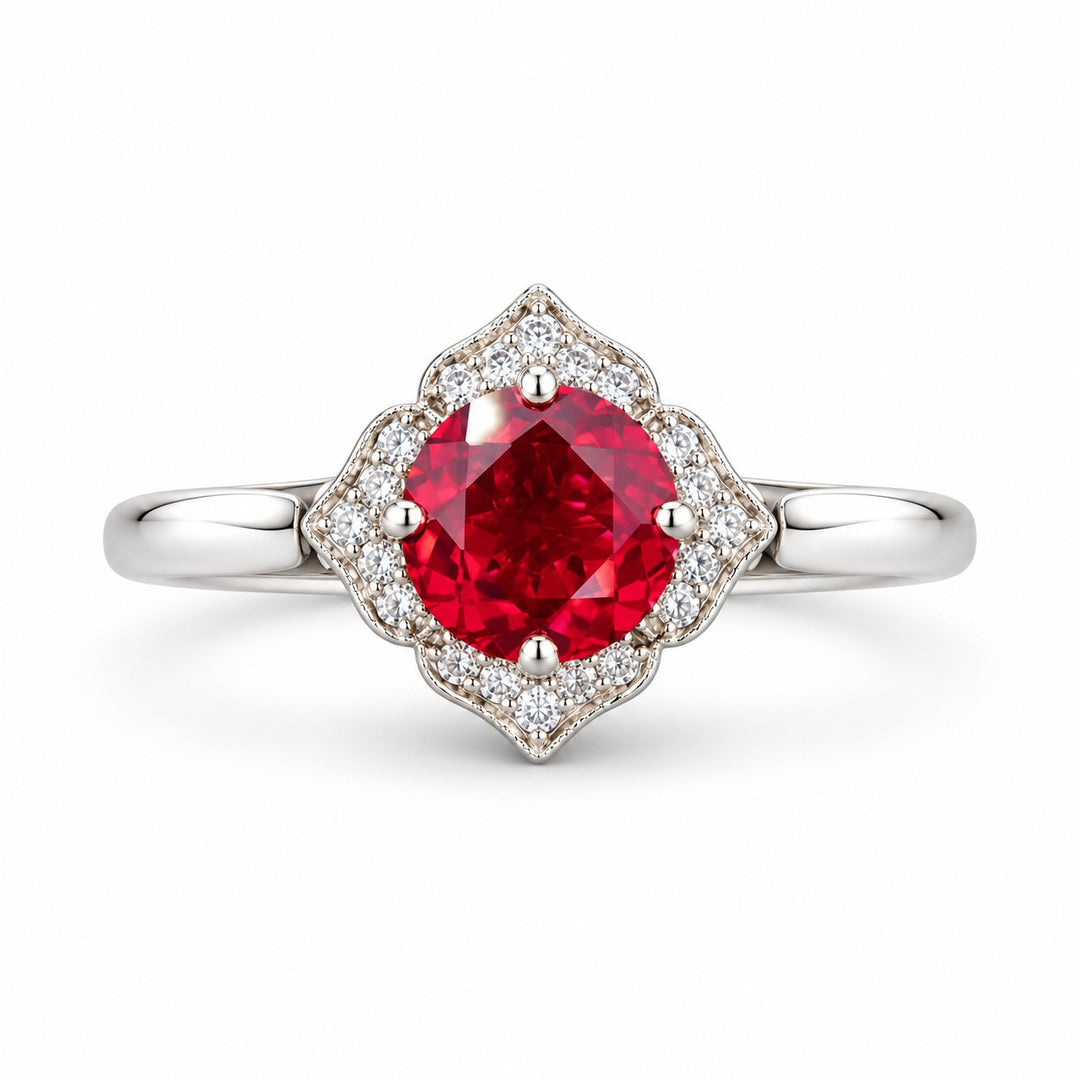 The Valencia — Vintage Diamond Halo Ruby Ring in 14K white gold, front view