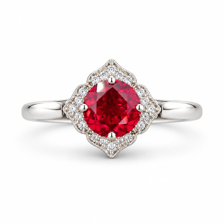 The Valencia — Vintage Diamond Halo Ruby Ring in 14K white gold, front view