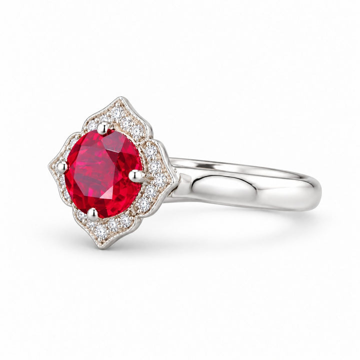 The Valencia — Vintage Diamond Halo Ruby Ring in 14K white gold, three-quarter view