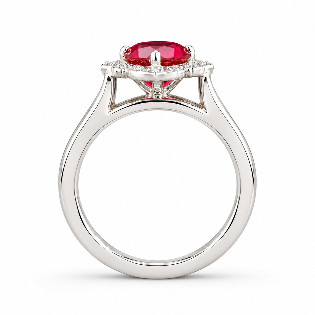 The Valencia — Vintage Diamond Halo Ruby Ring in 14K white gold, profile