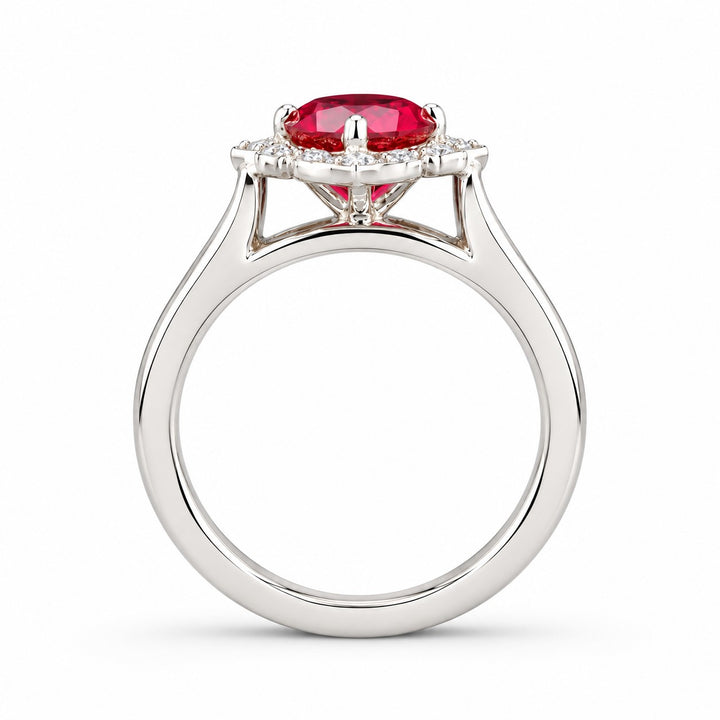 The Valencia — Vintage Diamond Halo Ruby Ring in 14K white gold, profile