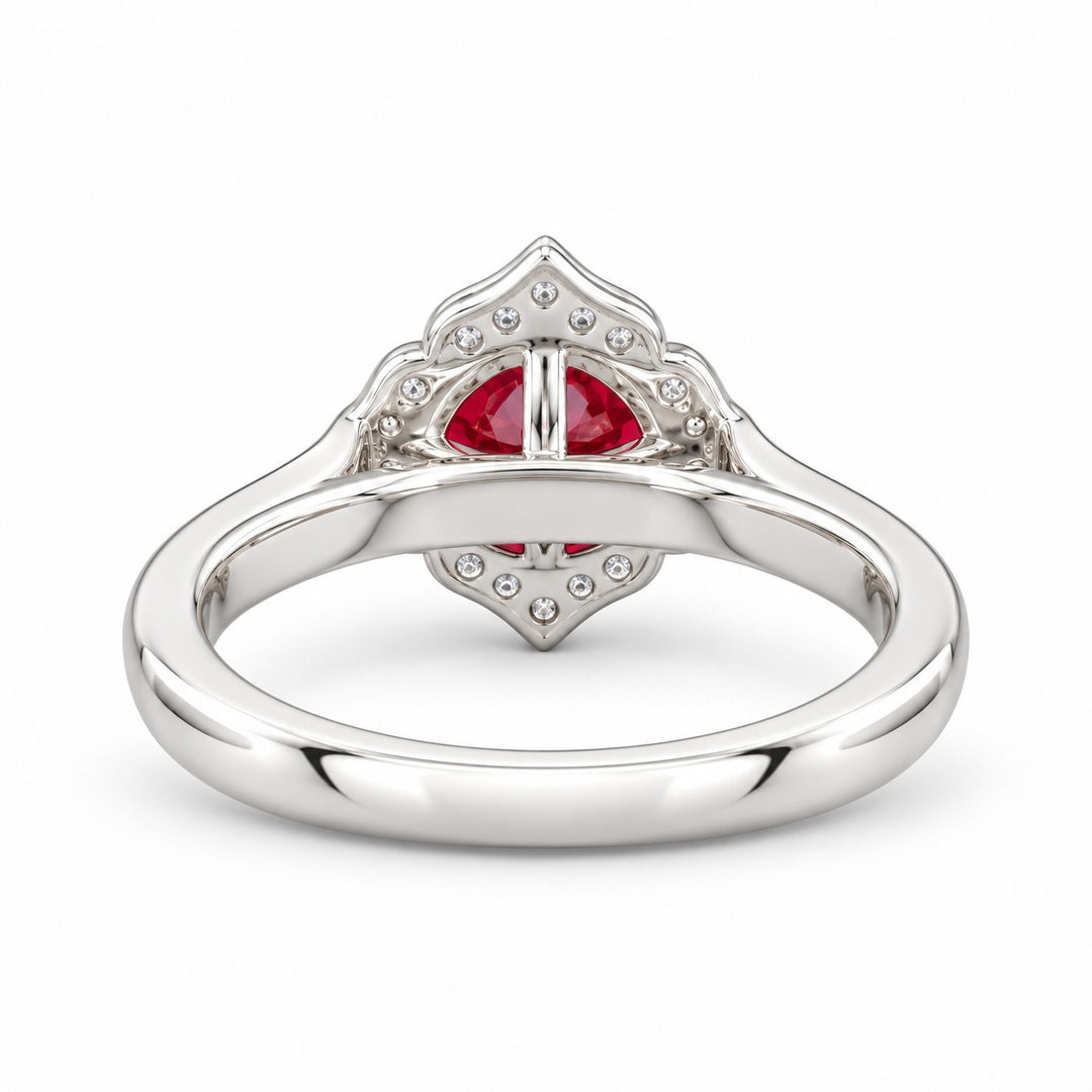 The Valencia — Vintage Diamond Halo Ruby Ring in 14K white gold, back and setting