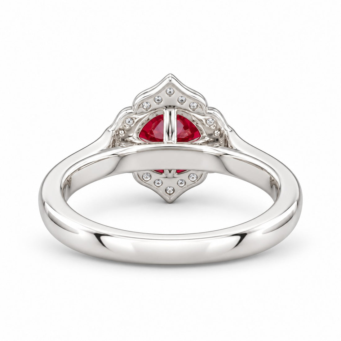 The Valencia — Vintage Diamond Halo Ruby Ring in 14K white gold, back and setting