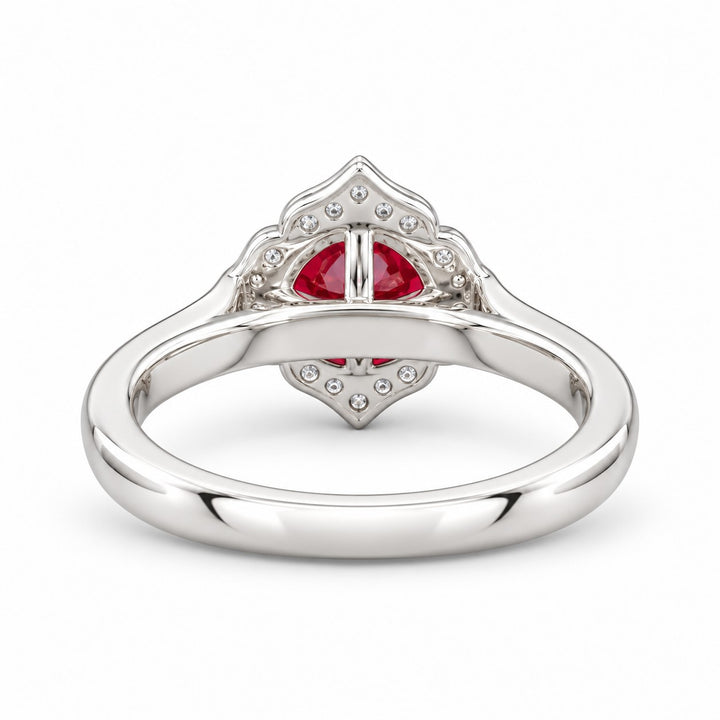 The Valencia — Vintage Diamond Halo Ruby Ring in 14K white gold, back and setting