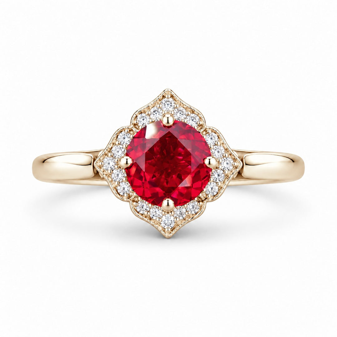 The Valencia — Vintage Diamond Halo Ruby Ring in 14K yellow gold, front view