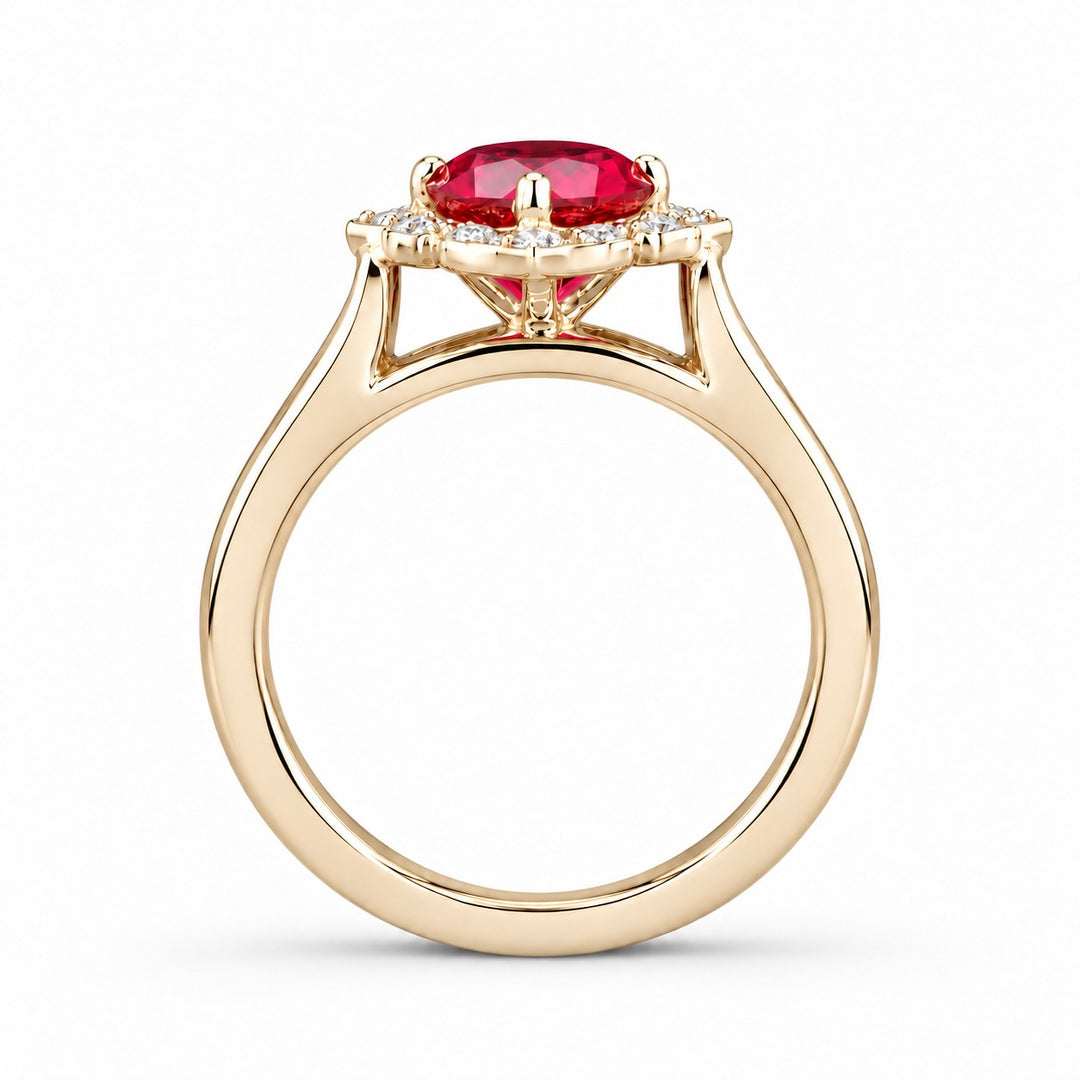 The Valencia — Vintage Diamond Halo Ruby Ring in 14K yellow gold, profile