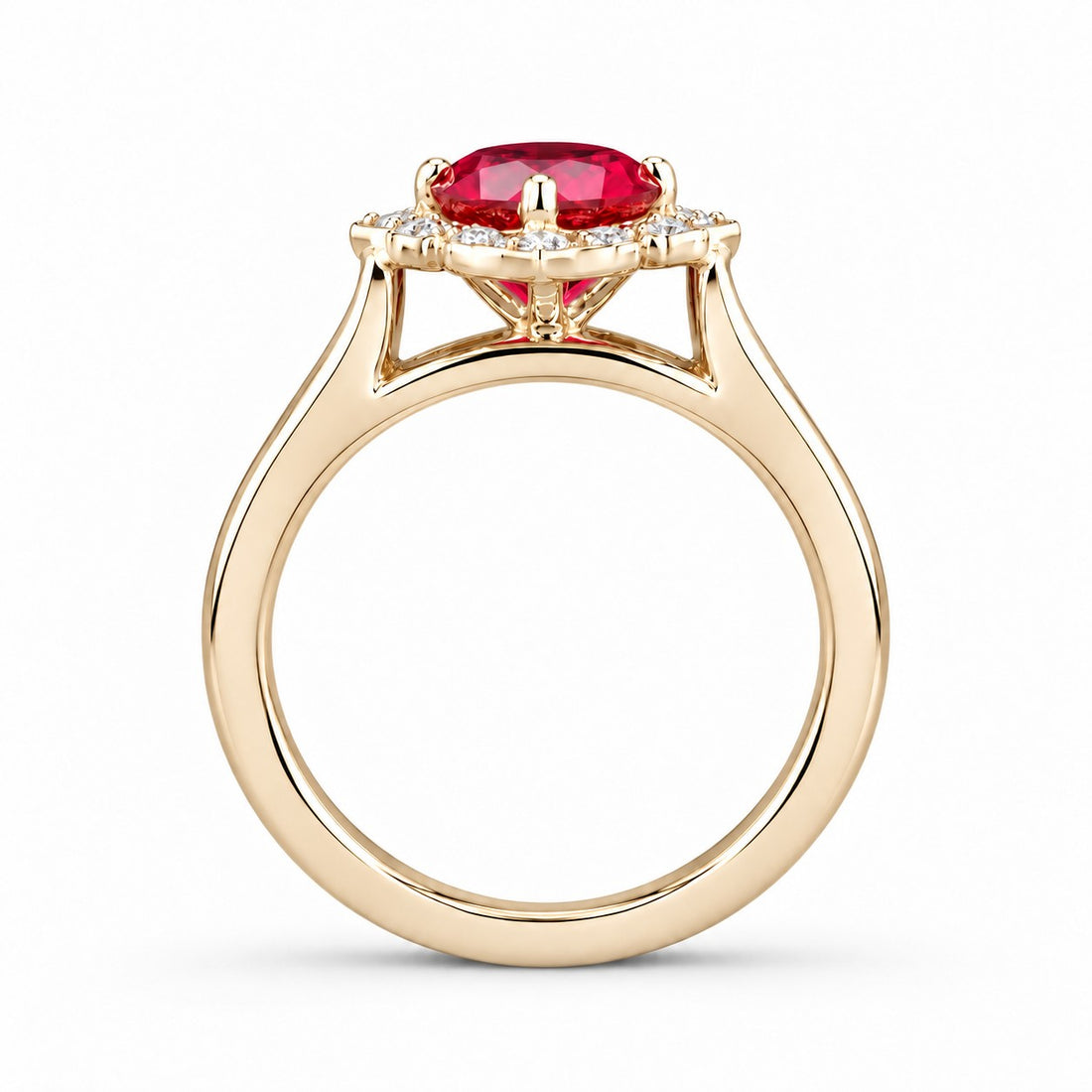The Valencia — Vintage Diamond Halo Ruby Ring in 14K yellow gold, profile