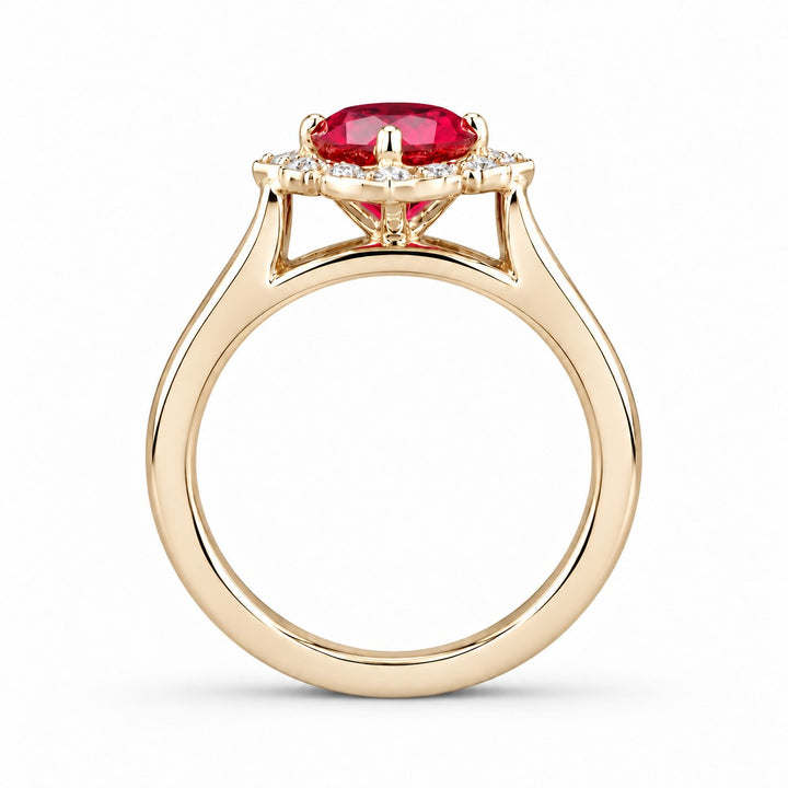 The Valencia — Vintage Diamond Halo Ruby Ring in 14K yellow gold, profile