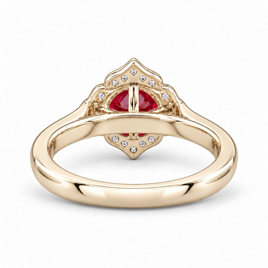 The Valencia — Vintage Diamond Halo Ruby Ring in 14K yellow gold, back and setting