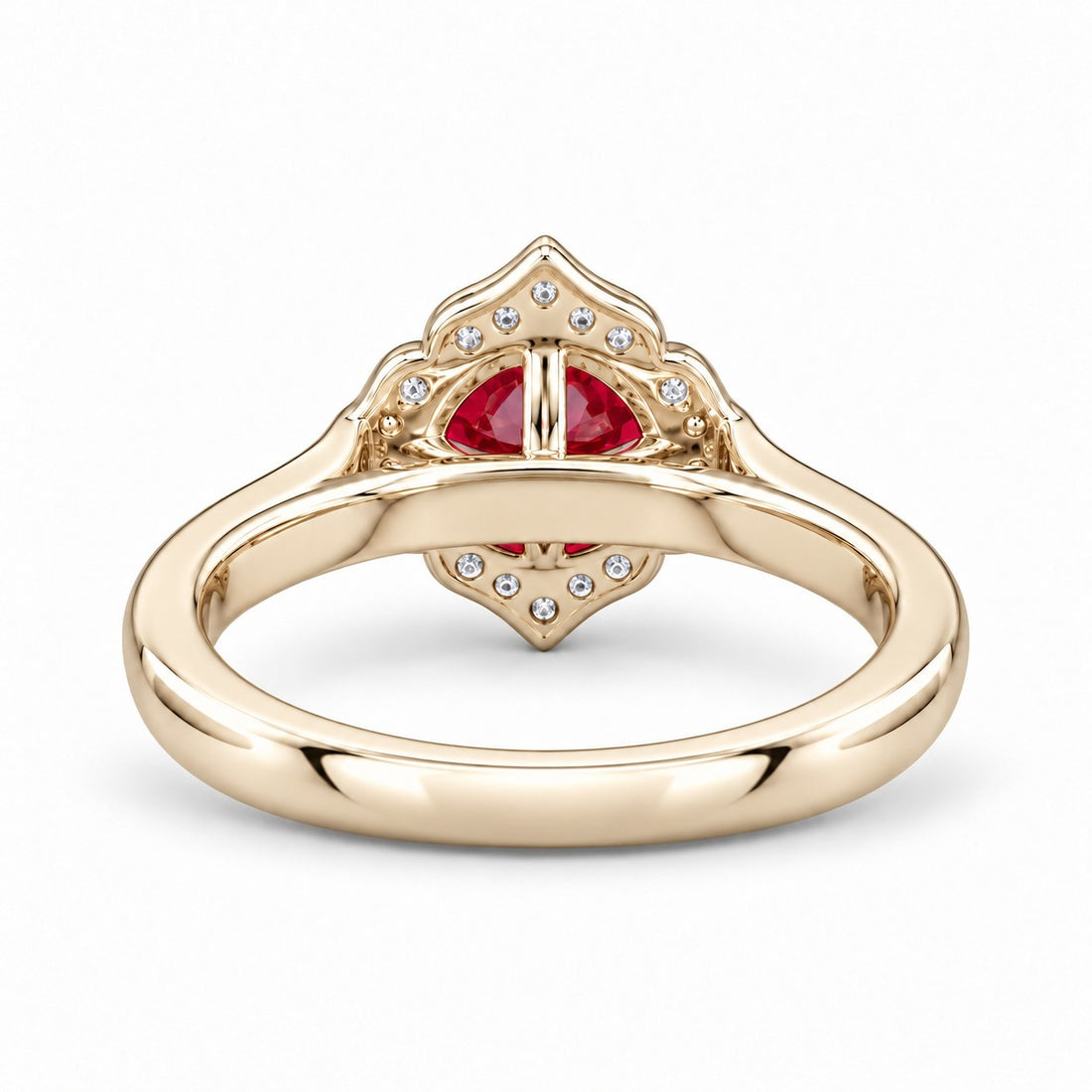 The Valencia — Vintage Diamond Halo Ruby Ring in 14K yellow gold, back and setting