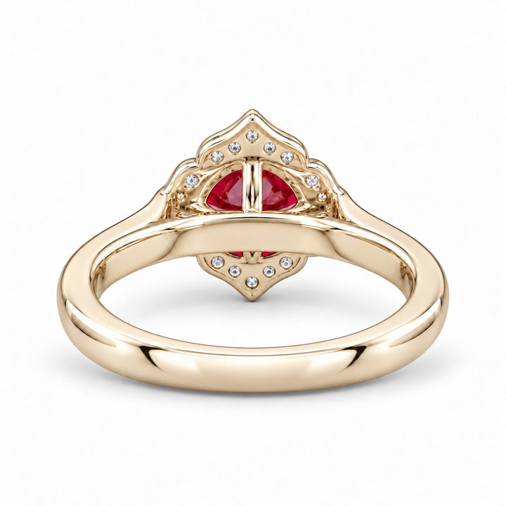 The Valencia — Vintage Diamond Halo Ruby Ring in 14K yellow gold, back and setting