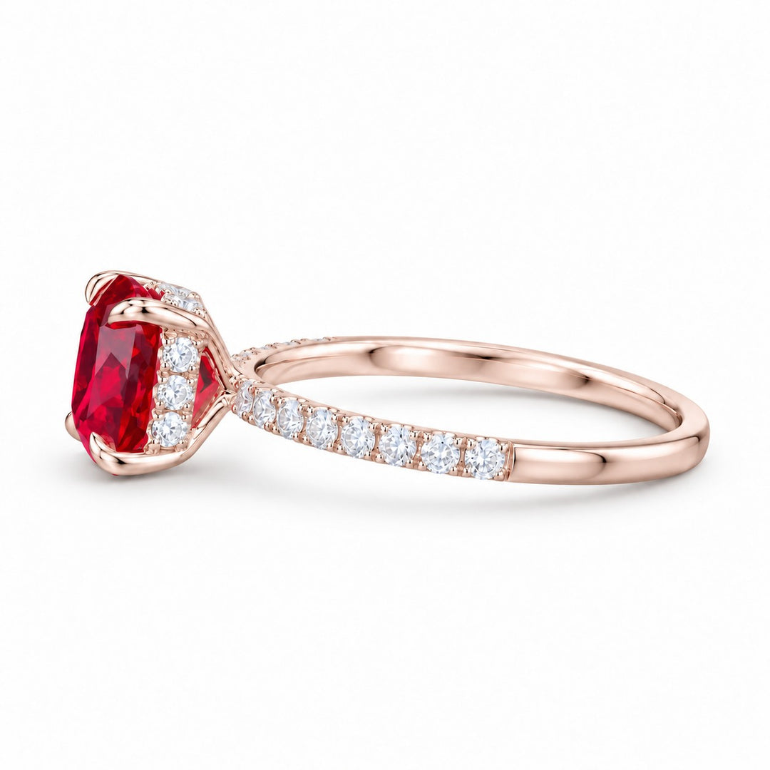 The Lucienne — Square Ruby Diamond Band Ring in 14K rose gold, three-quarter view