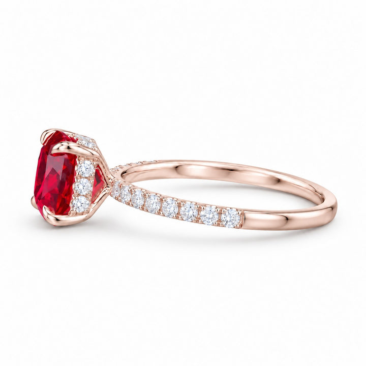 The Lucienne — Square Ruby Diamond Band Ring in 14K rose gold, three-quarter view