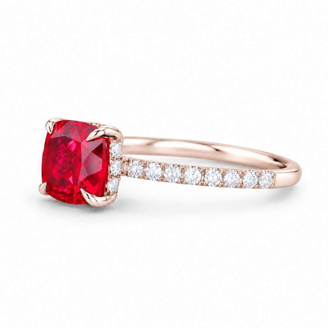 The Lucienne — Square Ruby Diamond Band Ring in 14K rose gold, side view
