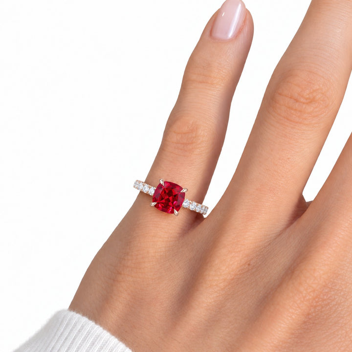 The Lucienne — Square Ruby Diamond Band Ring in 14K rose gold, on the hand